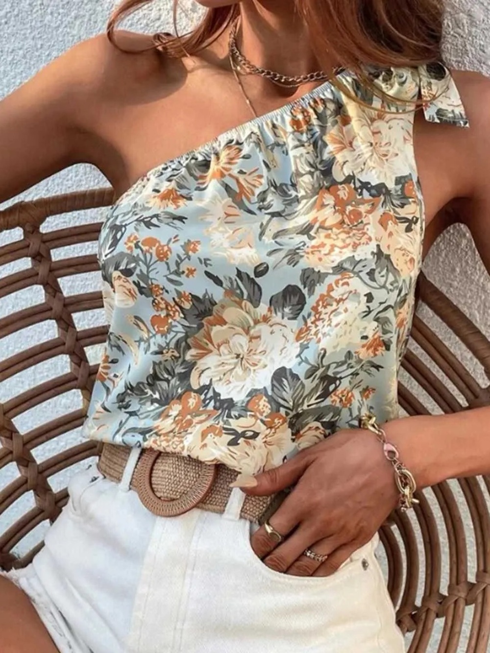 Gomorn Boho Floral One-Shoulder Satin Tank Top